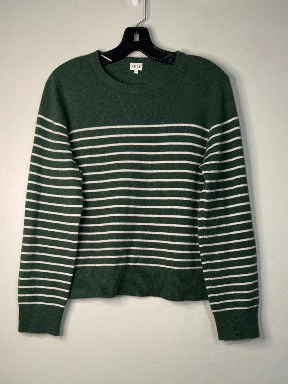 KULE Dark Green & White Striped Crewneck Cashmere Sweater